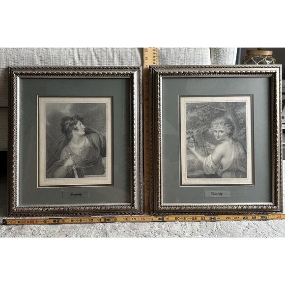 Tragedy and Comedy Antique Woodcuts Two Pictures Black and White Portrait